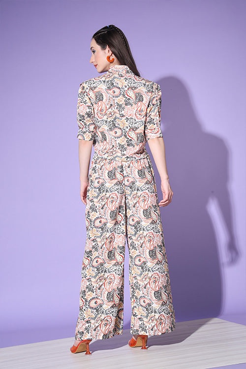 Beige Printed Shirt With Trouser Co-Ord Set ClothsVilla.com