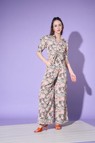 Beige Printed Shirt With Trouser Co-Ord Set ClothsVilla.com
