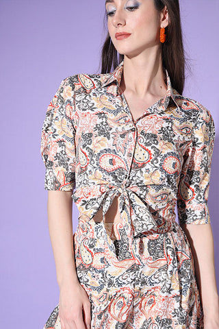 Beige Printed Shirt With Trouser Co-Ord Set ClothsVilla.com