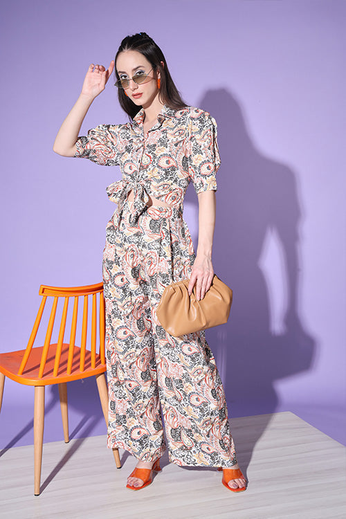 Beige Printed Shirt With Trouser Co-Ord Set ClothsVilla.com