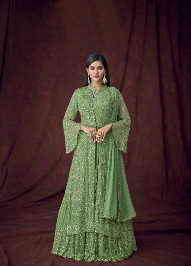 Lehenga Choli with Jacket in Green Georgette Clothsvilla