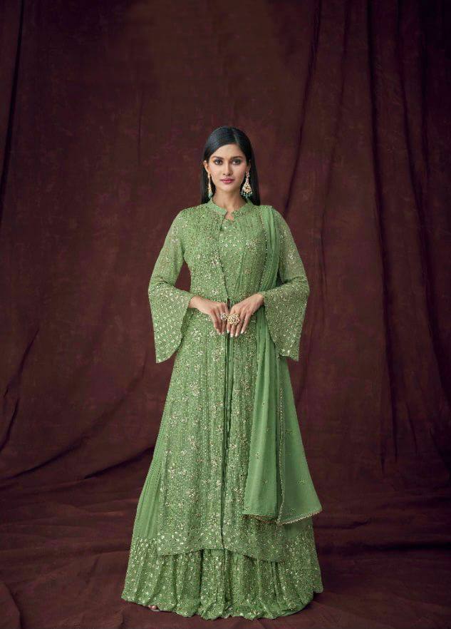 Pastel Green Lakhnavi Jacket Style Anarkali Suit With Lehenga – LIBAS CAFE