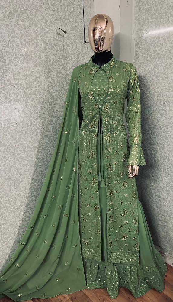 Lehenga Choli with Jacket in Green Georgette Clothsvilla