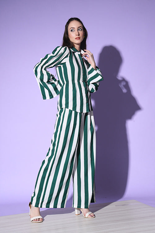 Green Stripe Shirt With Trouser Co-Ord Set ClothsVilla.com