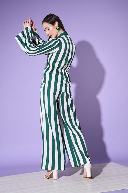 Green Stripe Shirt With Trouser Co-Ord Set ClothsVilla.com