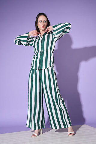 Green Stripe Shirt With Trouser Co-Ord Set ClothsVilla.com