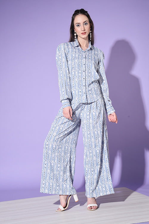 Blue Printed Shirt With Trouser Co-Ord Set ClothsVilla.com