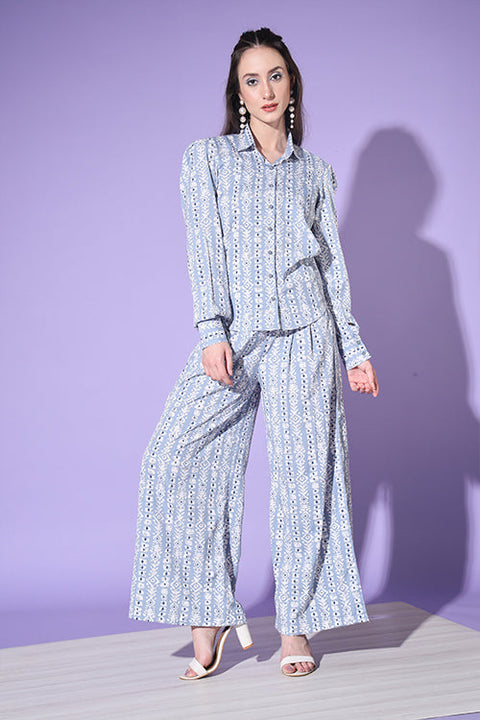 Blue Printed Shirt With Trouser Co-Ord Set ClothsVilla.com Main image