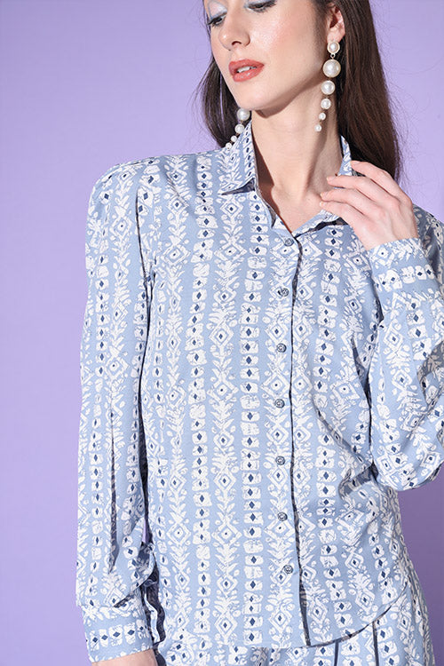 Blue Printed Shirt With Trouser Co-Ord Set ClothsVilla.com
