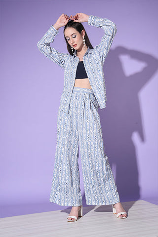 Blue Printed Shirt With Trouser Co-Ord Set ClothsVilla.com