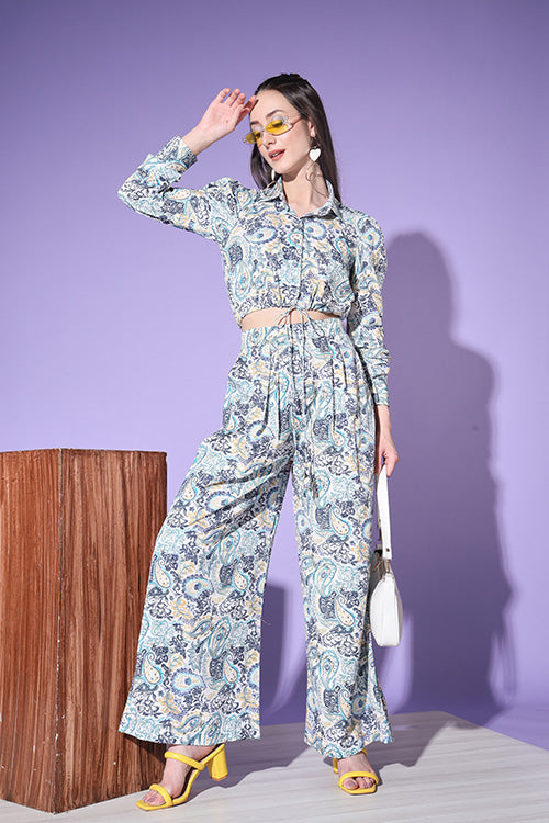 Blue Printed Shirt With Trouser Co-Ord Set ClothsVilla.com