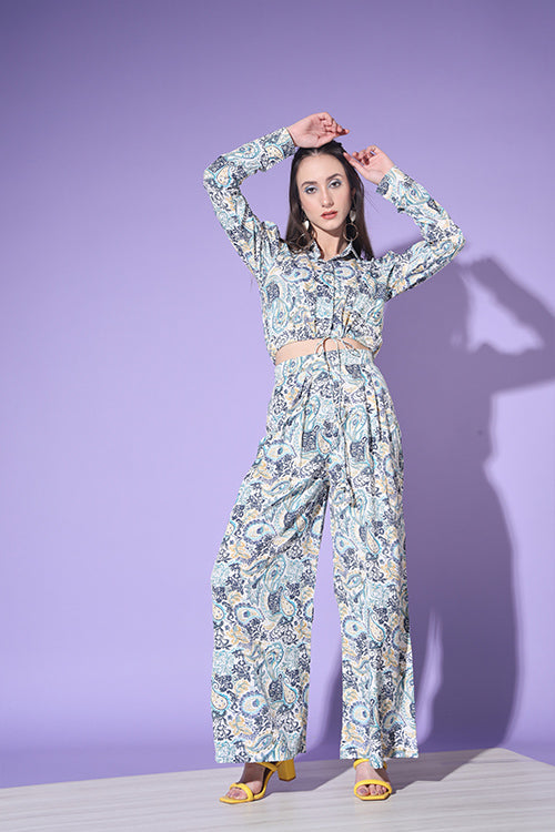 Blue Printed Shirt With Trouser Co-Ord Set ClothsVilla.com