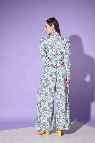 Blue Printed Shirt With Trouser Co-Ord Set ClothsVilla.com