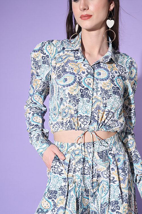 Blue Printed Shirt With Trouser Co-Ord Set ClothsVilla.com