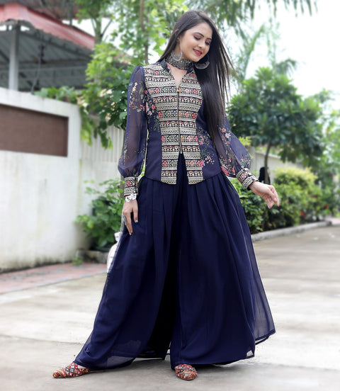 Navy Blue Sharara Suit Set with a Stylish Jacket Clothsvilla Main image