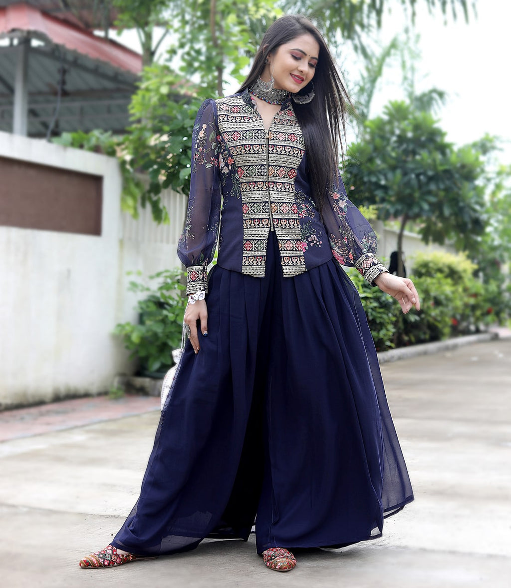 Navy Blue Sharara Suit Set with a Stylish Jacket Clothsvilla
