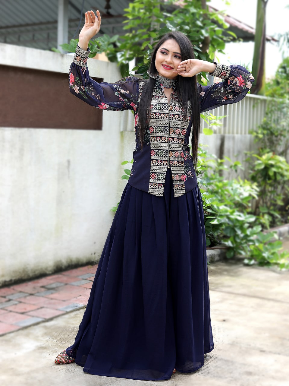 Navy Blue Sharara Suit Set with a Stylish Jacket Clothsvilla