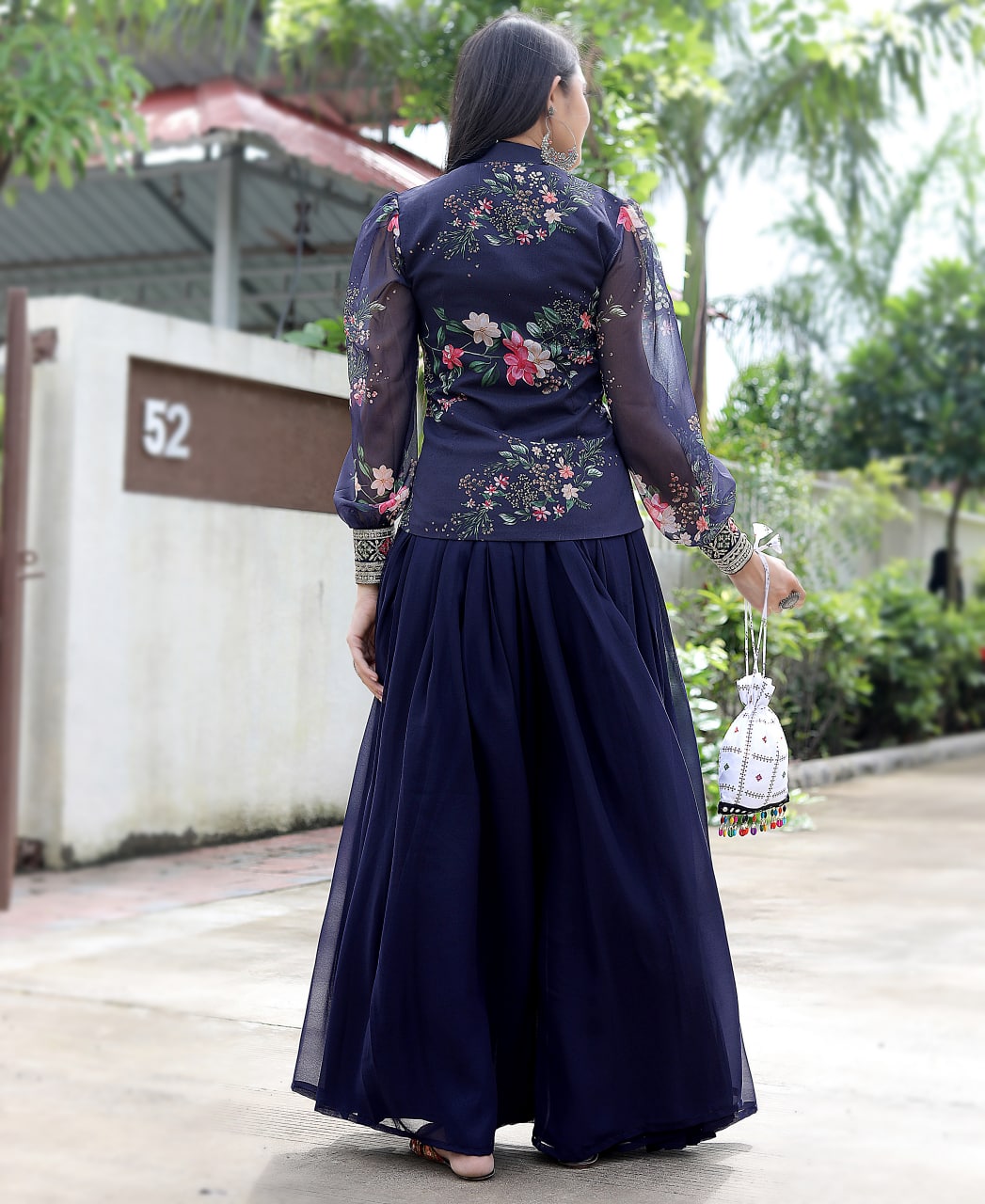 Navy Blue Sharara Suit Set with a Stylish Jacket Clothsvilla