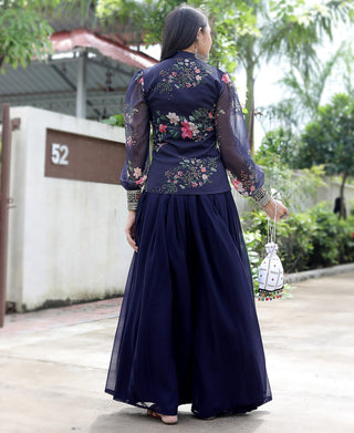 Navy Blue Sharara Suit Set with a Stylish Jacket Clothsvilla