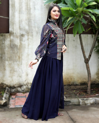 Navy Blue Sharara Suit Set with a Stylish Jacket Clothsvilla