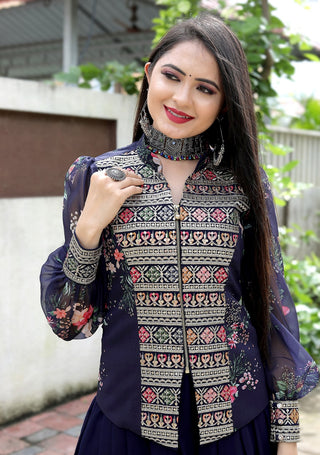 Navy Blue Sharara Suit Set with a Stylish Jacket Clothsvilla