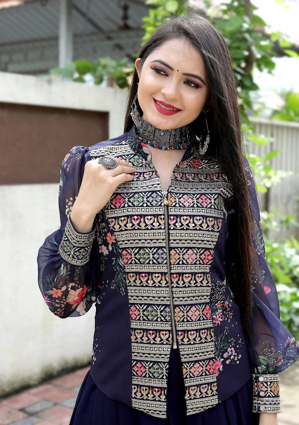 Navy Blue Sharara Suit Set with a Stylish Jacket Clothsvilla