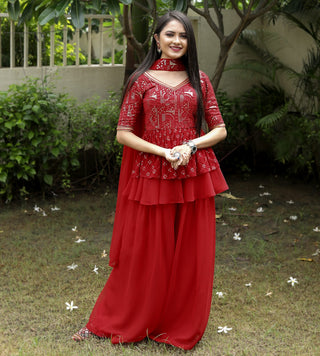 Red Sharara Suit with Embroidered Work Clothsvilla