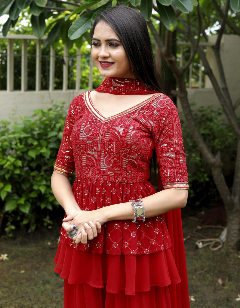 Red Sharara Suit with Embroidered Work Clothsvilla