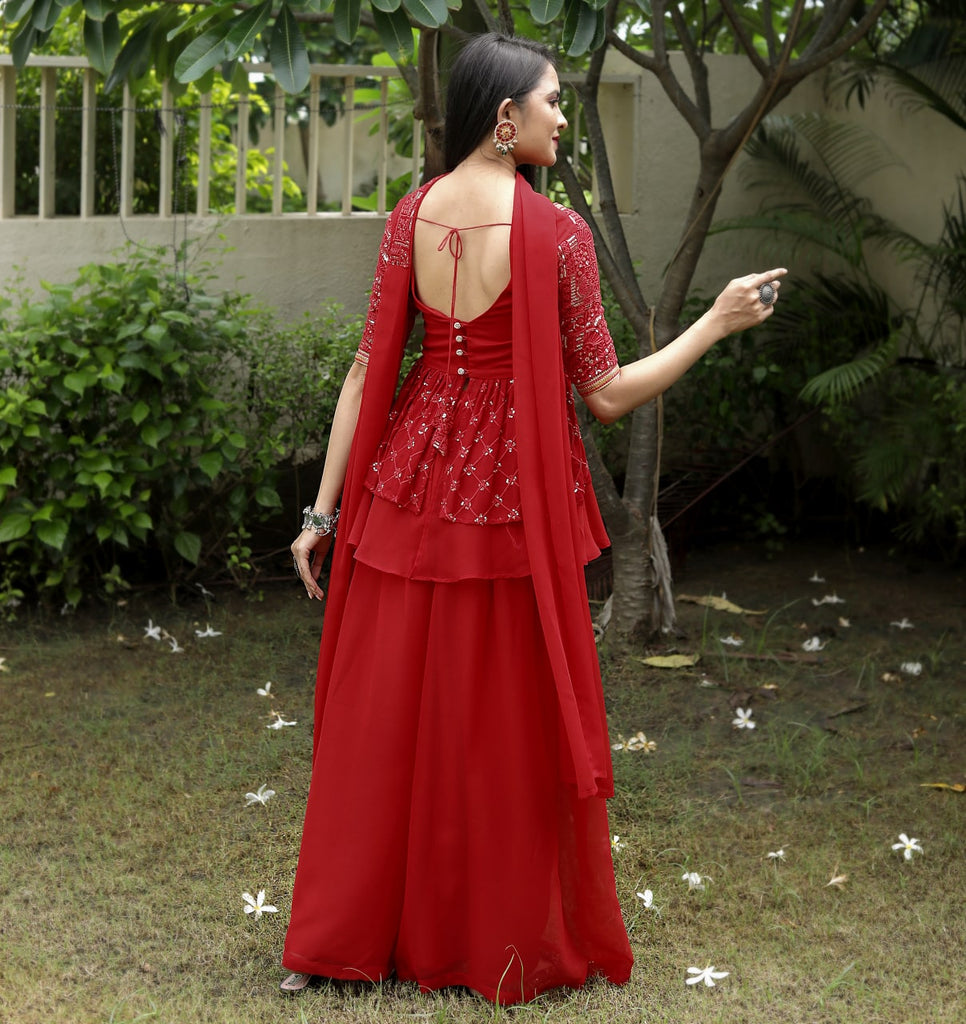 Red Sharara Suit with Embroidered Work Clothsvilla