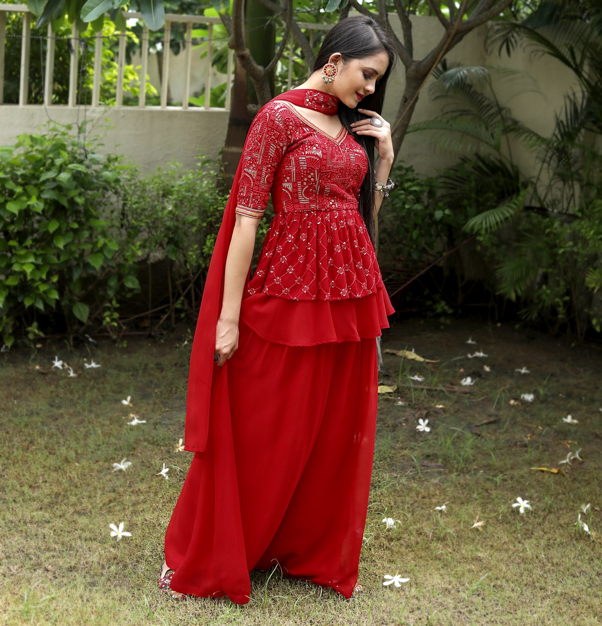 Red Sharara Suit with Embroidered Work Clothsvilla