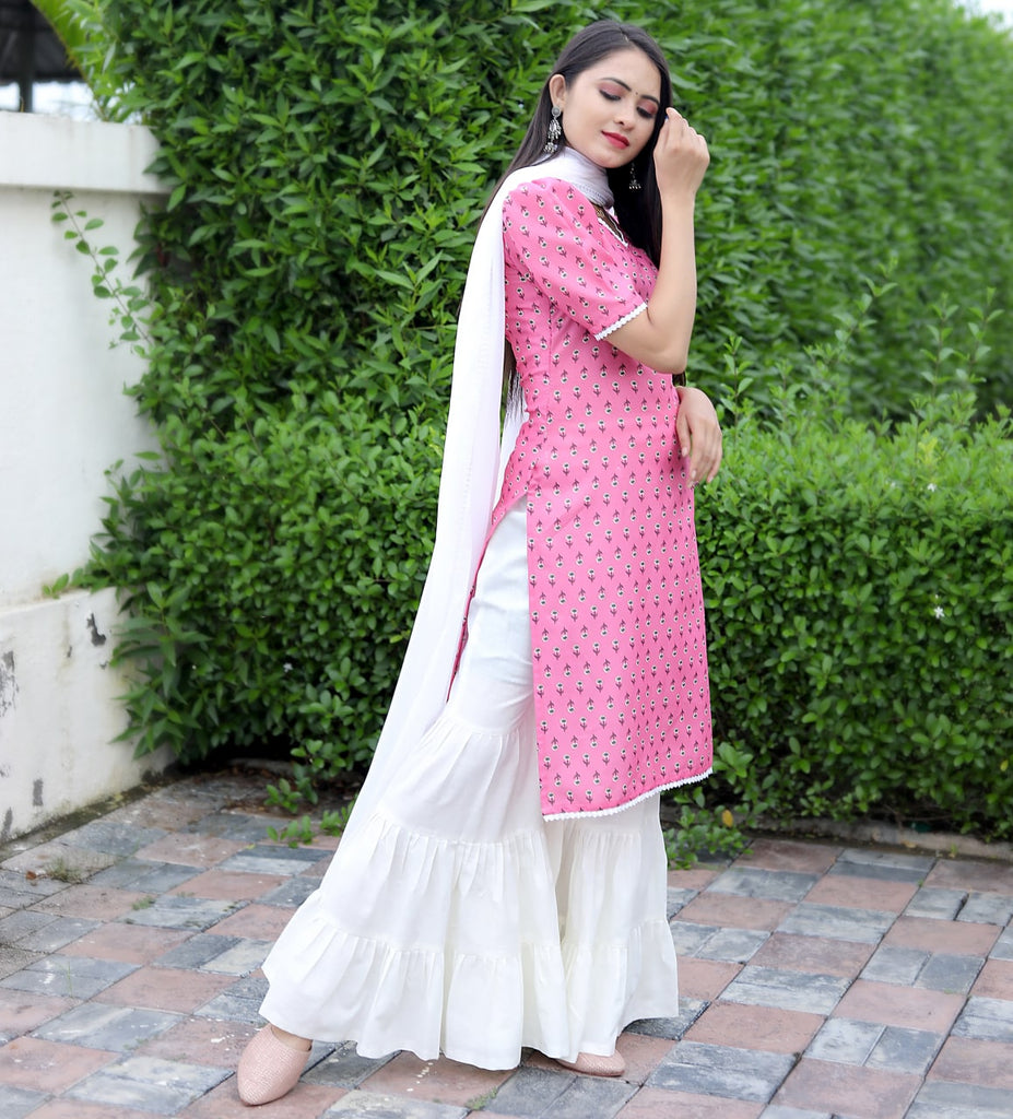 Sharara Set in Pink Cotton with Printed Design Clothsvilla
