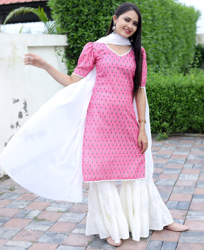 Sharara Set in Pink Cotton with Printed Design Clothsvilla