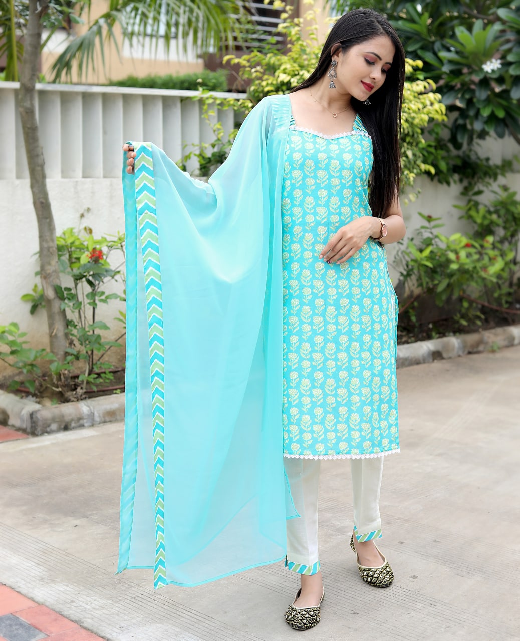 Sky Blue Cotton Fabric Kurta Set with Print Design Clothsvilla