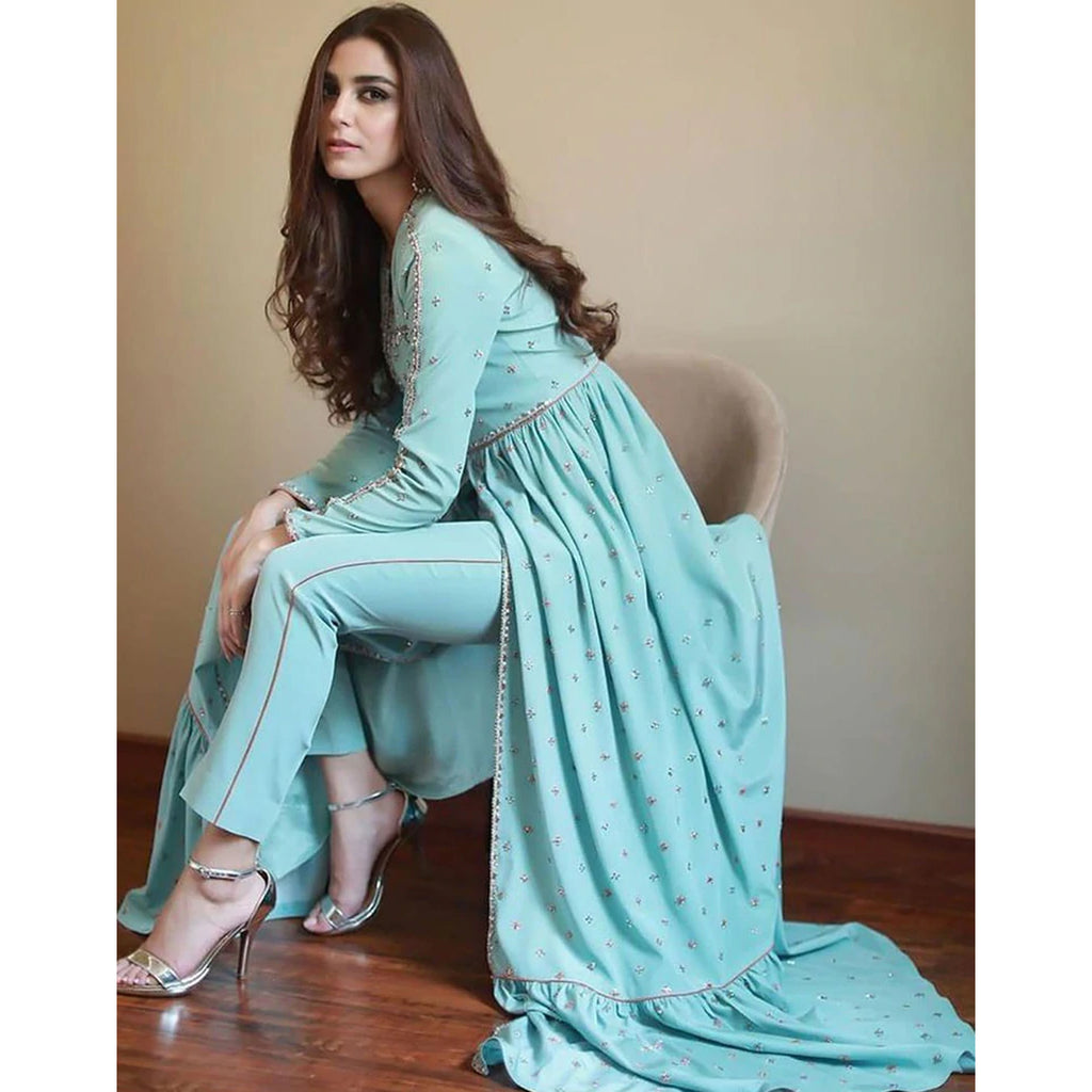 Aqua Blue Salwar Suit with Sequins and Zari Work with Dupatt