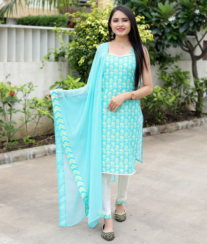 Sky Blue Cotton Fabric Kurta Set with Print Design Clothsvilla