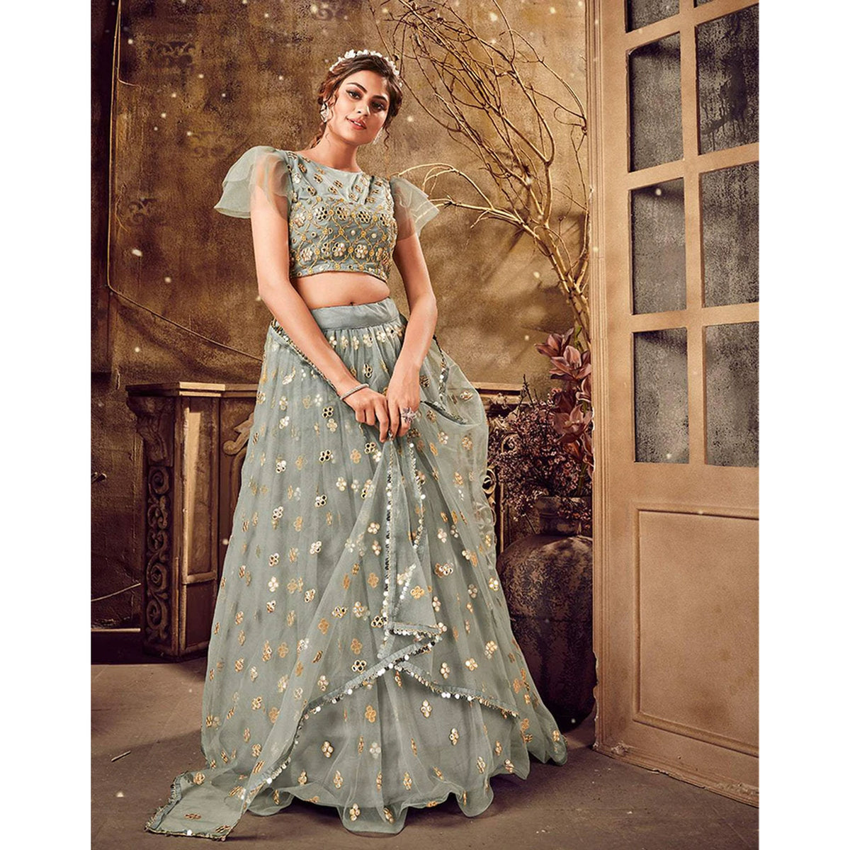 Natural Grey Soft Net Lehenga choli ClothsVilla
