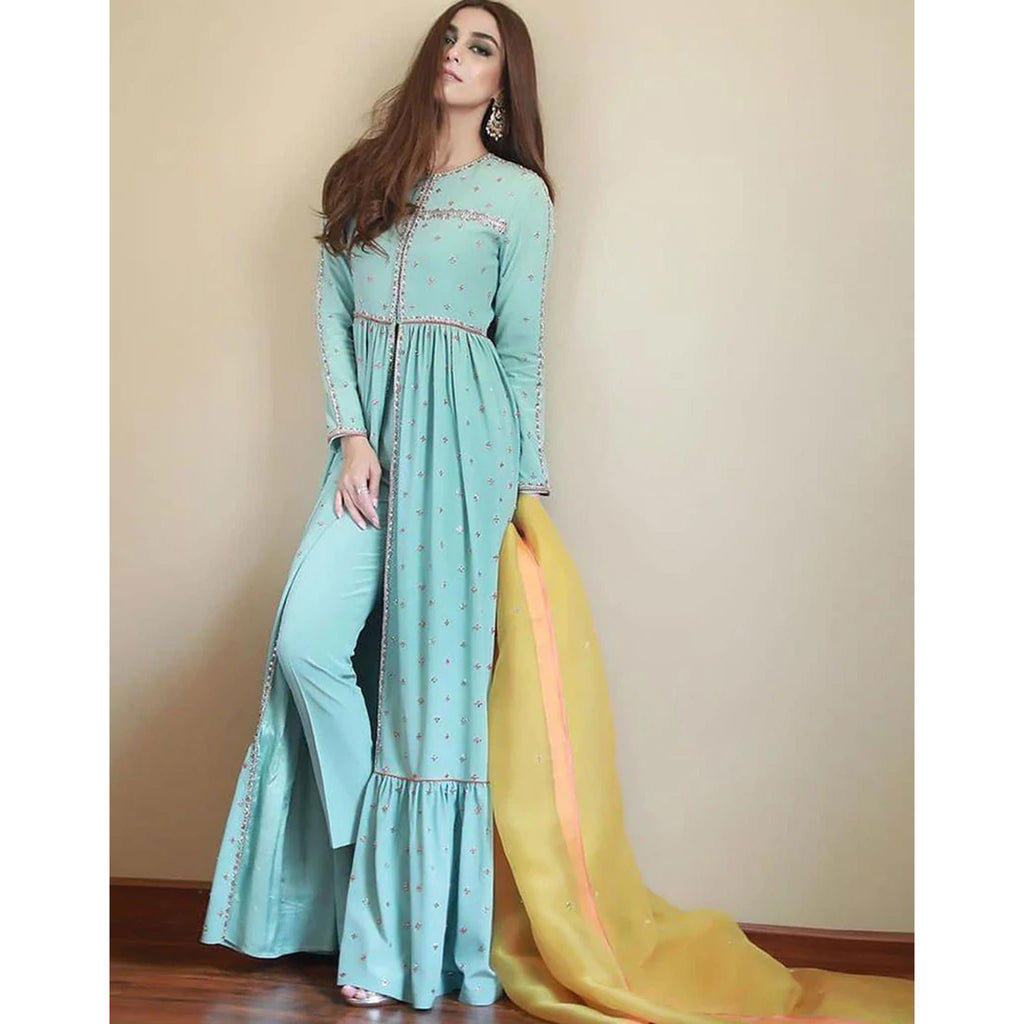 Aqua Blue Salwar Suit with Sequins and Zari Work with Dupatta ClothsVilla