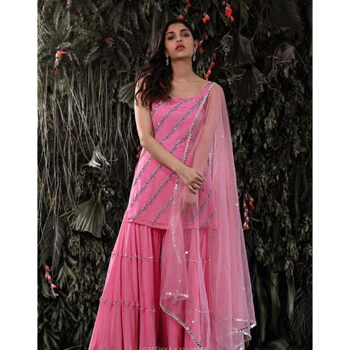 Koti Style Baby Pink Sequence Work Palazzo Georgette Suit –