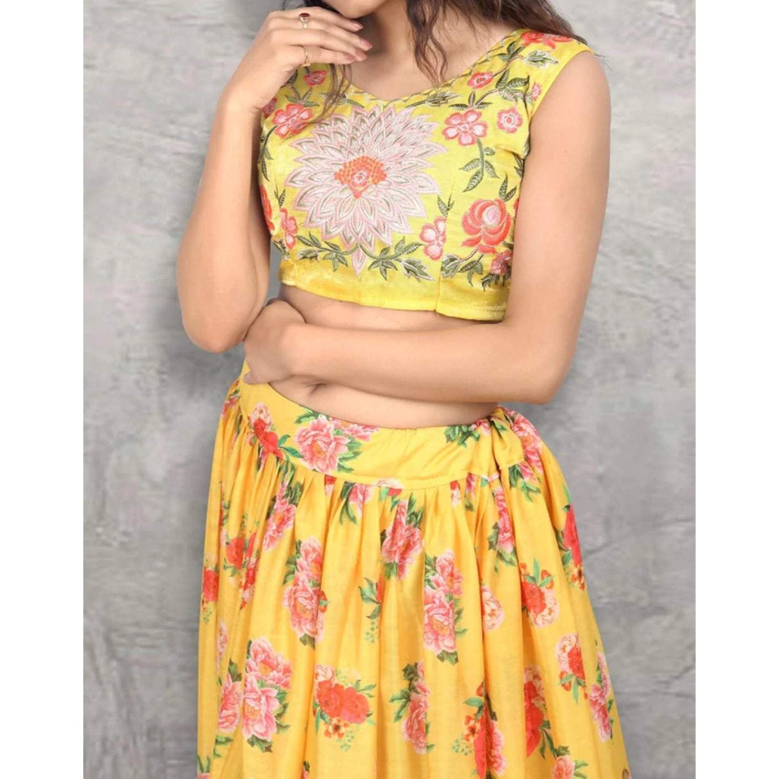 Beautiful Floral Printed Yellow Faux Georgette Jacket Lehenga Choli ClothsVilla