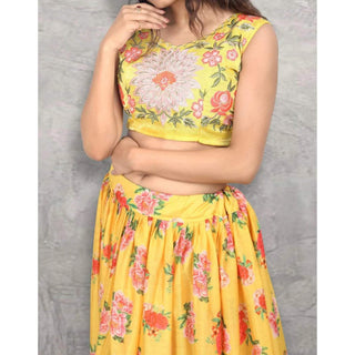 Beautiful Floral Printed Yellow Faux Georgette Jacket Lehenga Choli ClothsVilla