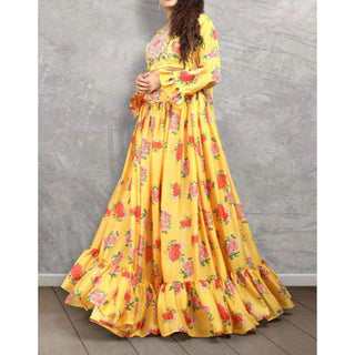 Beautiful Floral Printed Yellow Faux Georgette Jacket Lehenga Choli ClothsVilla