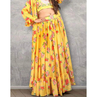 Beautiful Floral Printed Yellow Faux Georgette Jacket Lehenga Choli ClothsVilla