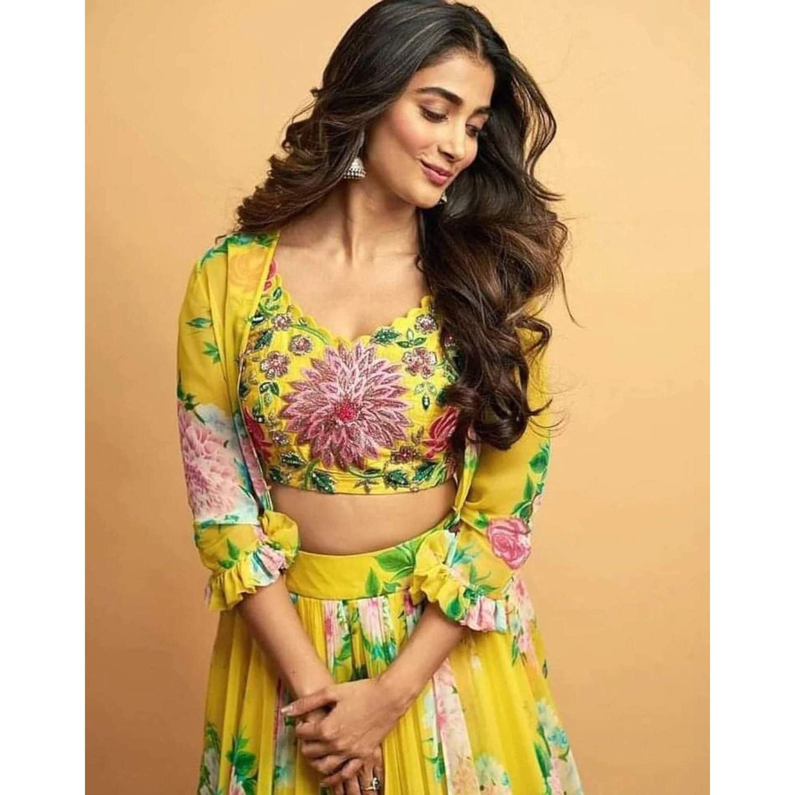 Beautiful Floral Printed Yellow Faux Georgette Jacket Lehenga Choli ClothsVilla