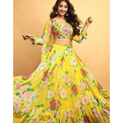 Beautiful Floral Printed Yellow Faux Georgette Jacket Lehenga Choli ClothsVilla Main image