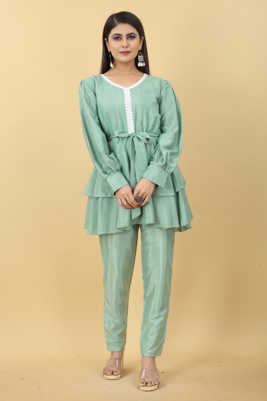 Designer Party Wear Set in Green Top and Pants Clothsvilla