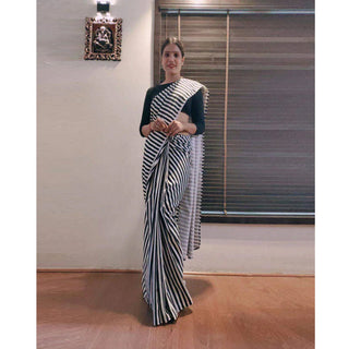 Black and White striped Ready to wear Georgette Saree ClothsVilla