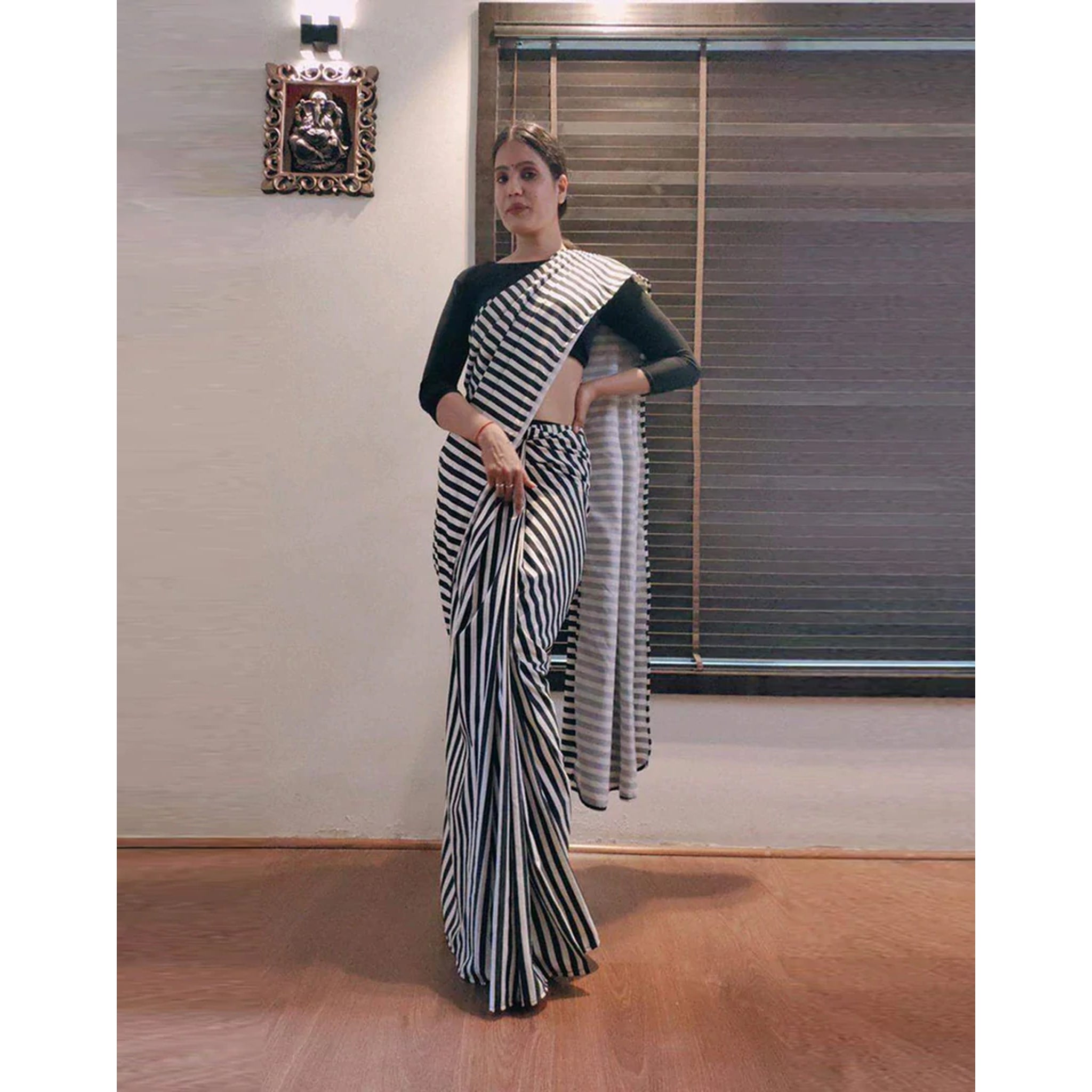 Black and White striped Ready to wear Georgette Saree Secondary image