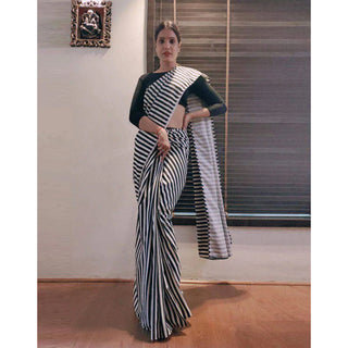 Black and White striped Ready to wear Georgette Saree ClothsVilla