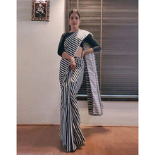 Load image into Gallery viewer, Black and White striped Ready to wear Georgette Saree ClothsVilla