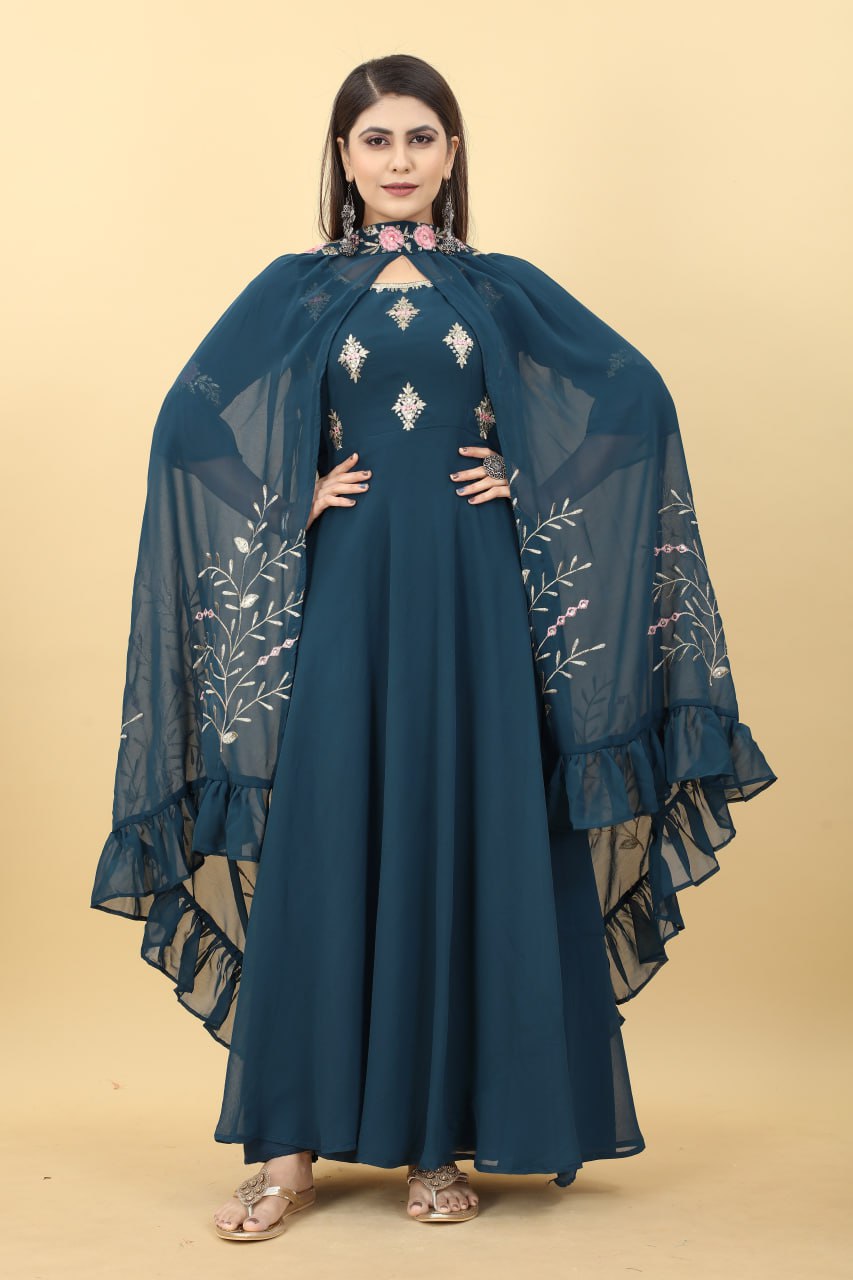 Gorgeous Blue Gown and Shrug Set for Weddings and Parties -